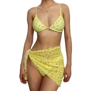 2/$25-Bikini Set- Yellow 3-Pc Triangle Top Low Rise High Cut Bottoms Mesh Skirt